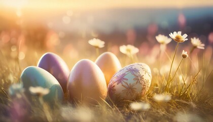 Wall Mural - easter background with colorful easter eggs decorated on field selective focus shallow depth of field illustration