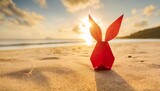 Fototapeta Tęcza - creative easter concept photo of red paper bunny on the sand on the beach at sunset concept of easter celebrations in tropical countries