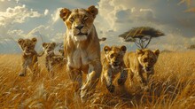 A Lioness And Her Cubs Dash Through Tall Grass In A Natural Grassland Habitat
