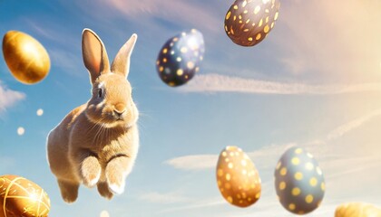 Wall Mural - cute easter bunny with easter eggs fly against the blue sky banner format illustration