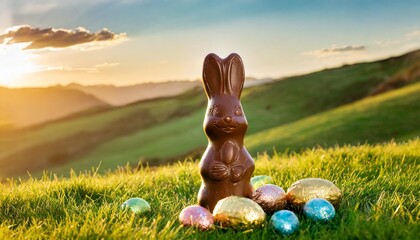 Wall Mural - chocolate bunny on green hills with easter eggs hidden in the grass