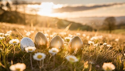 Wall Mural - decorated easter eggs in a spring meadow