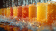 An array of craft beer glasses with vibrant splashes, capturing the dynamic freshness and variety of ales
