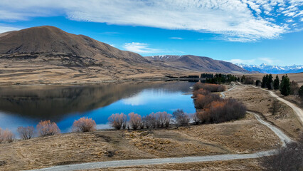 Aerial views of the alpine Lake Camp in NZ South island Ashburton conservation park