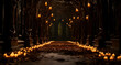 a dark path lined with lit candles and trees