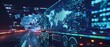 A futuristic truck moves along a vivid digital interface with a world map