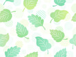 手描き風の緑の葉っぱとドットとストライプ柄の円のパターン背景