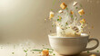 Elegant cream soup in a white bowl caught in a moment of splash with croutons and herbs adding a touch of gourmet