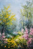 Fototapeta Kwiaty - Oil painting featuring a beautiful natural scene in spring, with the rough canvas texture resembling the strokes of a palette knife.
