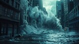 Fototapeta  - A towering wall of water crashes through the city engulfing buildings and leaving destruction in its wake.