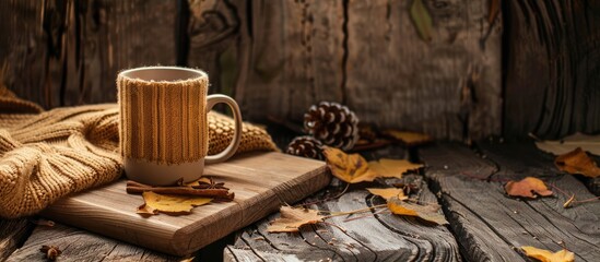 Sticker - Cozy autumn setting with wooden board and mug.