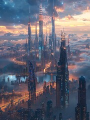 Futuristic Solar-Powered Cityscape with Shimmering Skyscrapers at Dusk