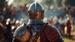 A gallant knight adjusts helmet back towards the camera as prepares for turn in the jousting tournament. The heat and . .