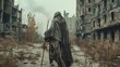 A figure cloaked in tattered fabric and walking stick in hand faces away from the camera as they navigate through the abandoned cityscape . .