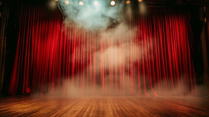 Wall Mural - Empty wooden theater stage with red curtain, light smoke and lights.