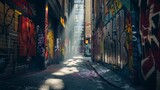 Fototapeta Fototapeta uliczki - Narrow winding streets lined with graffiticovered walls and intricately designed alleys form an urban labyrinth. Despite the shadows beams of sunlight break through illuminating