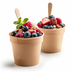 Wall Mural - food pot mockup, A photo of an unbranded kraft paper round container with lid and spoon, filled with food on top of the table