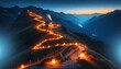 A winding mountain trail illuminated by a string of lanterns at twilight, leading to a cozy mountain hut.