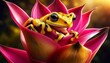A curious yellow frog with dark spots, exploring the petals of an exotic tropical flower.