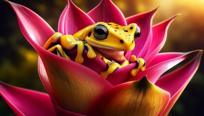 a curious yellow frog with dark spots, exploring the petals of an exotic tropical flower.