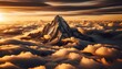 A majestic mountain peak piercing through a thick blanket of clouds during the golden hour of sunset.