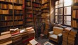 A cozy corner in an old bookstore, filled with stacks of worn books.