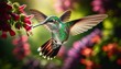 An up-close and detailed view of a hummingbird suspended in air, wings beating with such speed they are a blur, hovering near a cluster of vibrant red.