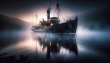 A Vintage Steamer Ship Moored In A Tranquil Harbor Enveloped In Early Morning Mist.