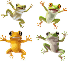 Vector set of 4 jumping or falling cute green and orange frogs with bulging eyes isolated on white background. Funny cartoon style.