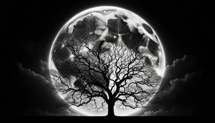 Wall Mural - A highly detailed and sharply focused image showing a bright, full moon visible through the bare branches of a silhouetted tree against a dark sky.
