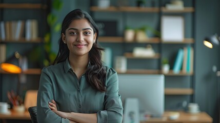 Poster - Modern day worker. Portrait of happy biracial business woman freelancer sit by computer at comfy workplace at corporate workspace or at home. Smiling young indian lady office employee look at camera.