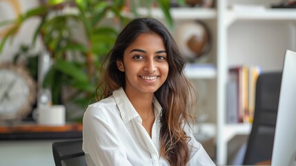 Poster - Modern day worker. Portrait of happy biracial business woman freelancer sit by computer at comfy workplace at corporate workspace or at home. Smiling young indian lady office employee look at camera.