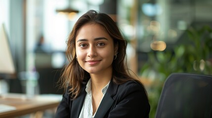 Poster - Modern day worker. Portrait of happy biracial business woman freelancer sit by computer at comfy workplace at corporate workspace or at home. Smiling young indian lady office employee look at camera.