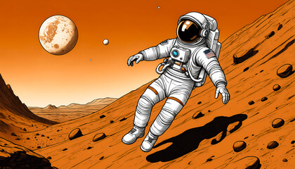 hand draw, comic, illustration of an astronaut on mar, flying in space