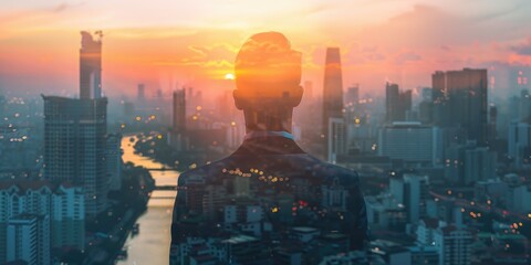 Wall Mural - A man in a suit is looking out over a city at the sun setting