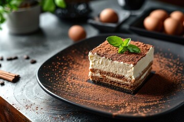 Poster - A slice of dessert with chocolate and mint on top