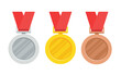 Three medal with gold madel and silver, bronze madel and red ribbon. vector illustration