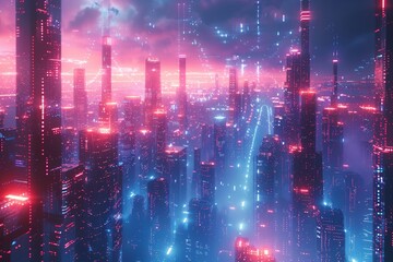 Poster - a futuristic 3d visualization of a cyber cityscape with advanced digital infrastructure and neon lig