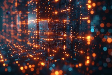 Poster - a futuristic 3d visualization of a cyber cityscape with advanced digital infrastructure and neon lig