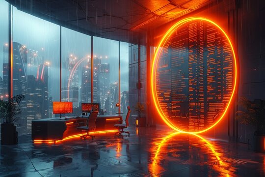 An artistic 3D render of a digital finance company office with futuristic design 