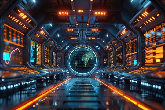 An artistic 3D render of a digital finance company office with futuristic design 