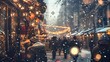 A closeup of a bustling city street lined with shops and cafes adorned with flickering holiday lights. People are seen walking in the snow bundled up in warm clothing.