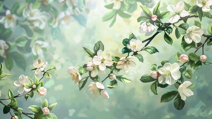 Wall Mural - Blossoming branch with green leaves and white flowers . Spring background.