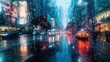 Fototapeta Nowy Jork - The city streets are alive with raindrops dancing along the curves and turns of the bustling metropolis.
