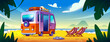 Camper van with baggage on roof and open door standing on sea or ocean sand beach with couple of lounge chairs and palm trees. Cartoon summer vector with family trailer bus for trip and campsite.