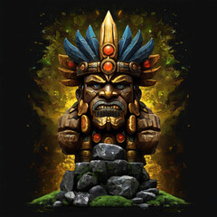 Wall Mural - Ancient cartoon totem character illustration on black backround