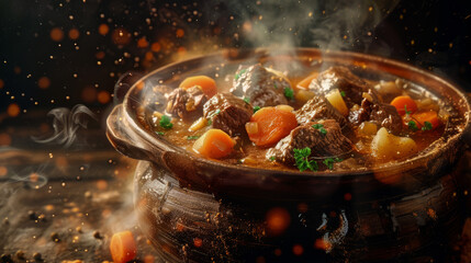 Wall Mural - a delectable beef stew with steam captured in motion, chunks of beef with diced carrots and potatoes