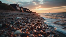8w Stunning Photography Of Walberswick Beach, Sand, Dunes, Pebbles, Water, Sunset, Black Huts In The Distance, Dramatic Photography, Cinematic, Warm Summer  