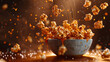 Burst of sweet caramel popcorn from a rustic bowl creates a lively and delicious scene