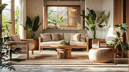 Poster - Interior of modern living room with rattan sofa and wooden table